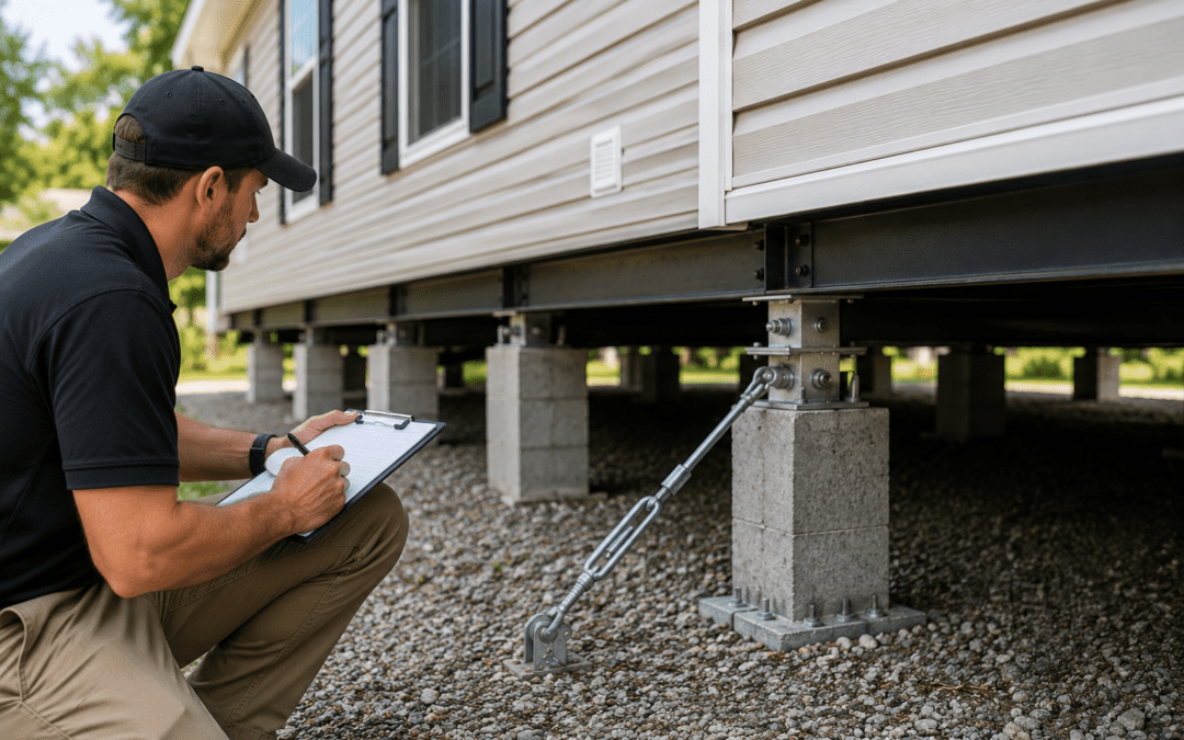 Inspector evaluating the foundation and anchoring system beneath a manufactured home for FHA and VA loan compliance