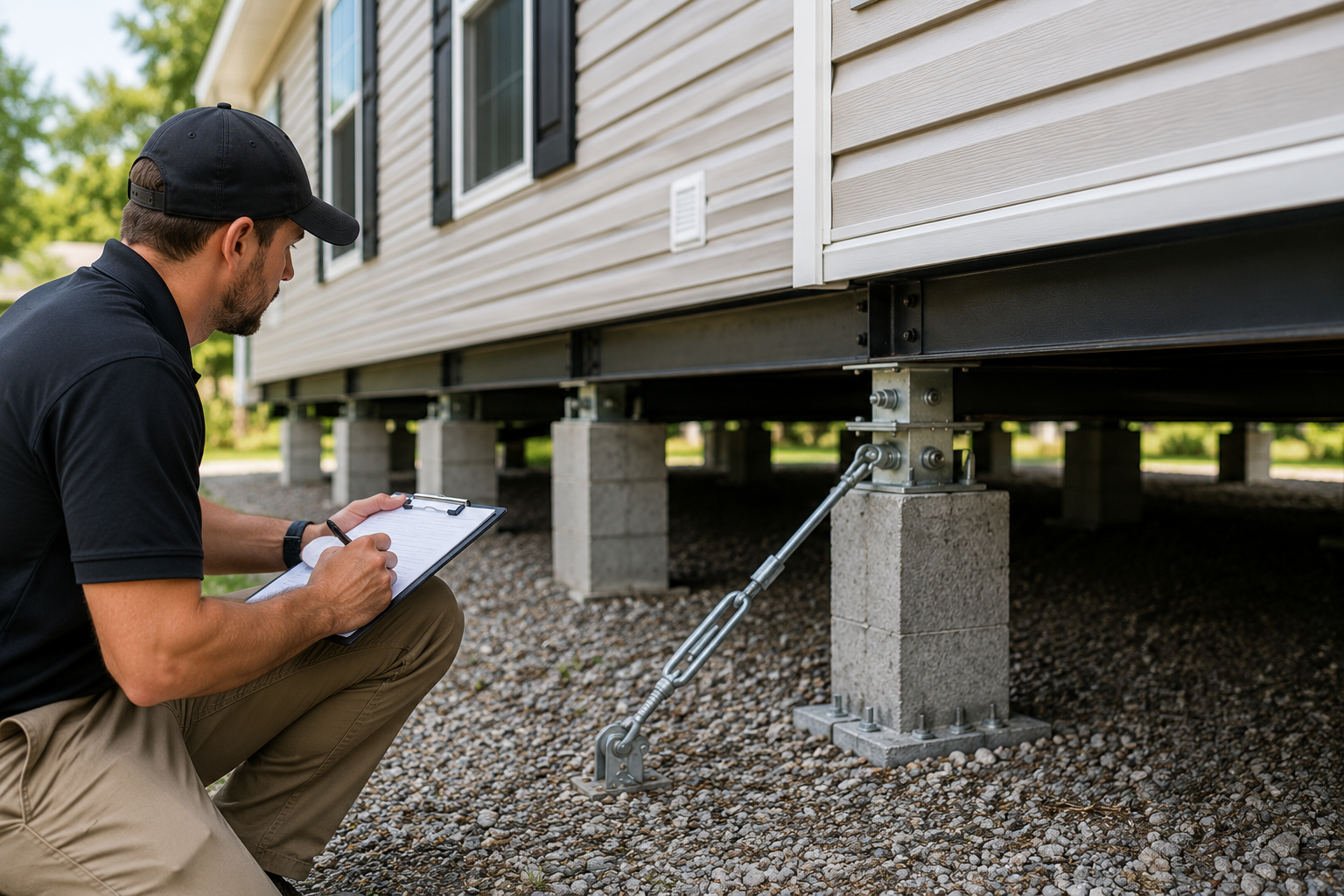 Inspector evaluating the foundation and anchoring system beneath a manufactured home for FHA and VA loan compliance